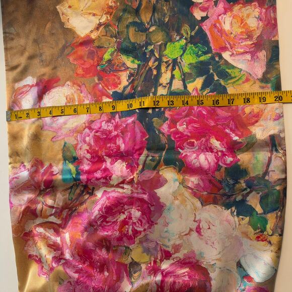 Floral Silk Scarf with Fringe Camel & Pink Solid Plush Back Soft Warm Artsy - Picture 7 of 7